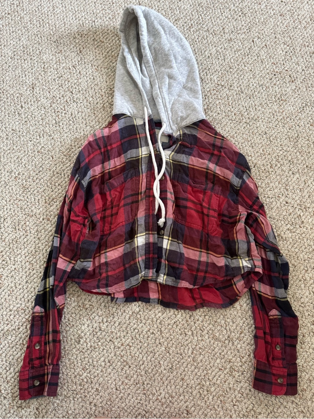 American Eagle Outfitters Red and Gray Plaid Hooded Shirt
